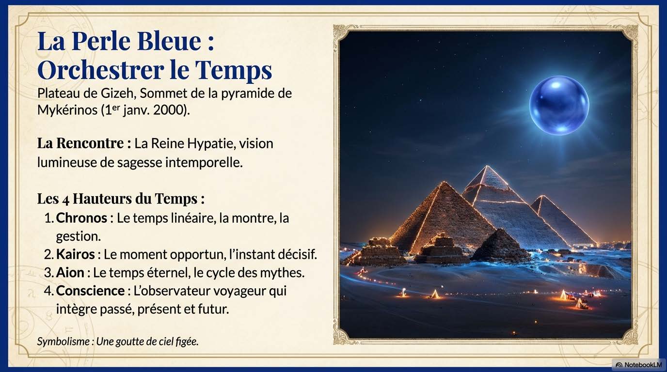Les pyramides de Gizeh la nuit, illuminées de bleu, surmontées d'une perle bleue lumineuse dans le ciel étoilé.
