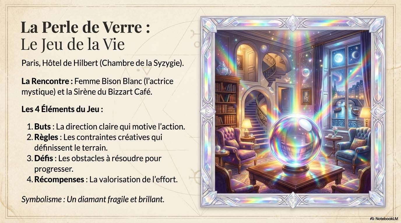 Salon de l'Hôtel de Hilbert traversé d'arcs-en-ciel, une grande sphère de cristal posée sur une table basse, fenêtre ouverte sur Paris.