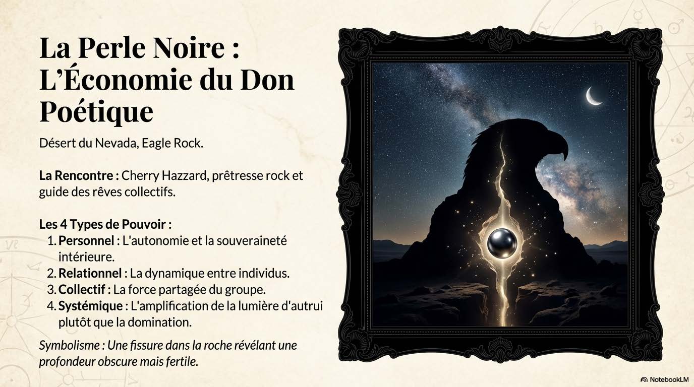 Silhouette d'un rocher en forme d'aigle dans le désert du Nevada, fendue par un éclair de lumière au centre duquel brille une perle noire, sous la Voie lactée.