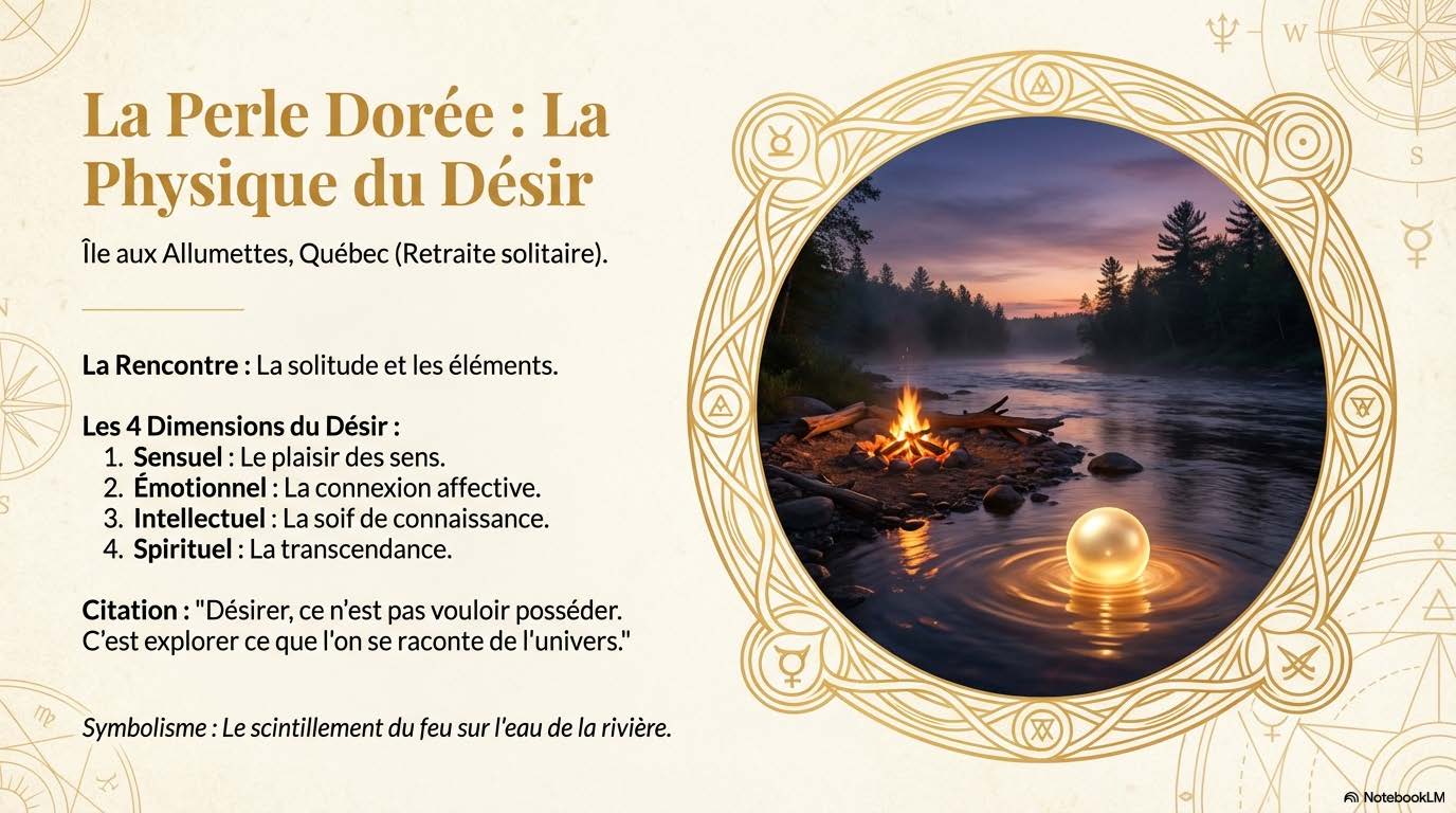 Feu de camp au bord d'une rivière du Québec au crépuscule, une perle dorée lumineuse posée dans l'eau.