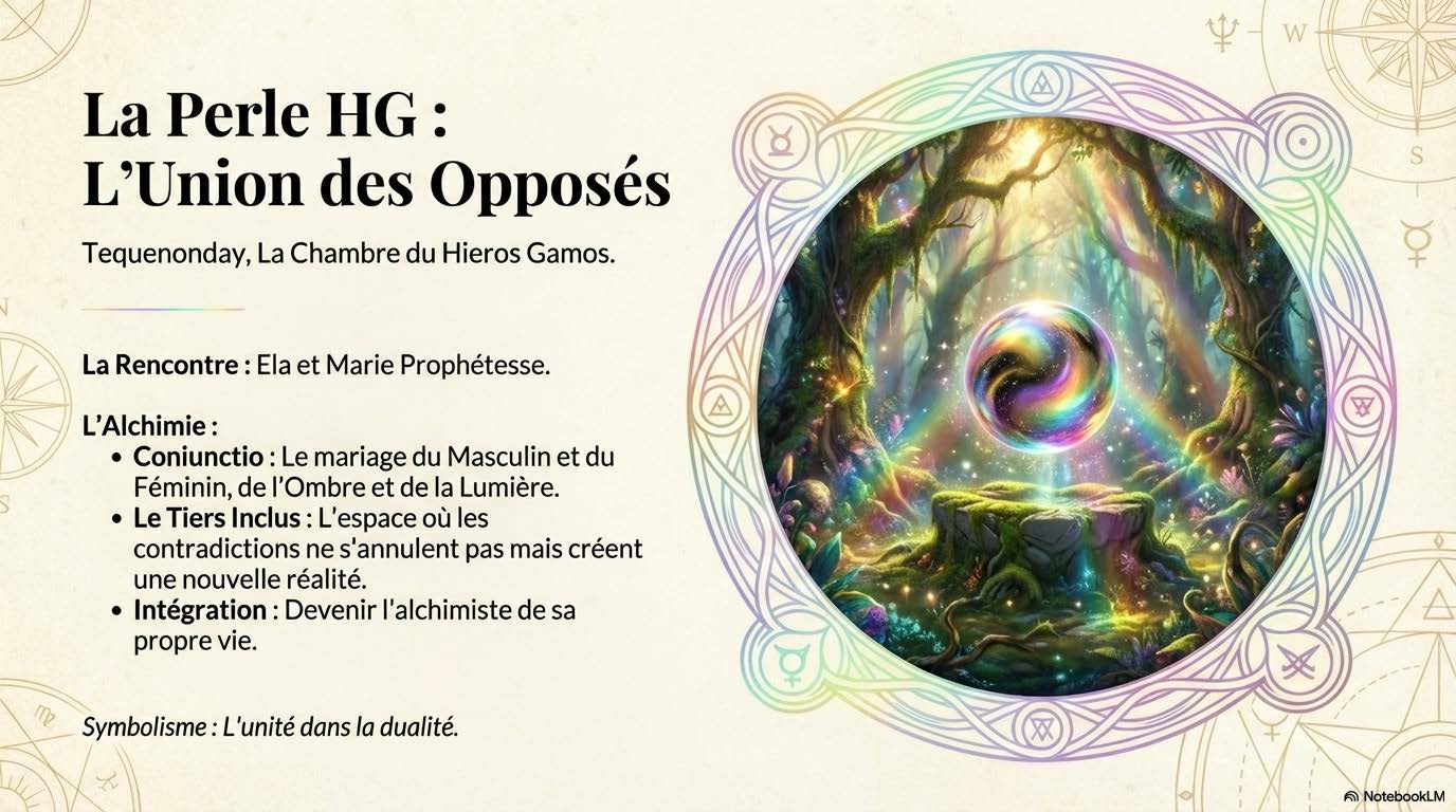 Clairière de forêt enchantée baignée de lumière irisée, une perle aux couleurs d'arc-en-ciel en suspension au-dessus d'une souche moussue.