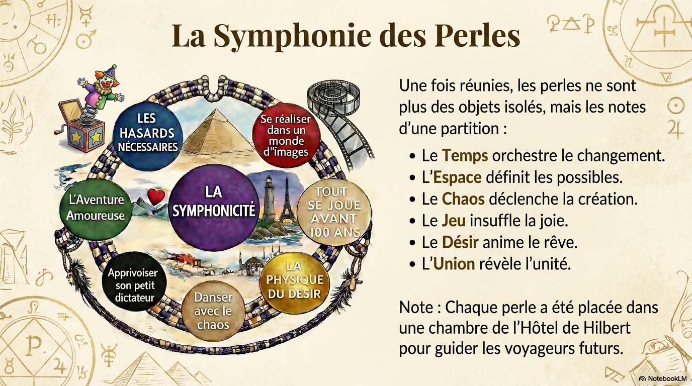 Roue des huit perles disposée en cercle autour du mot Symphonicité, entourée d'un collier de perles et d'ornements amérindiens.
