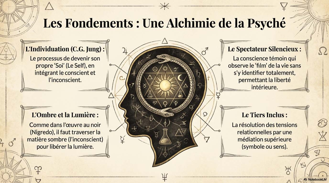 Profil d'une tête humaine remplie de symboles alchimiques, ouroboros, soleil et alambic, sur fond de parchemin.